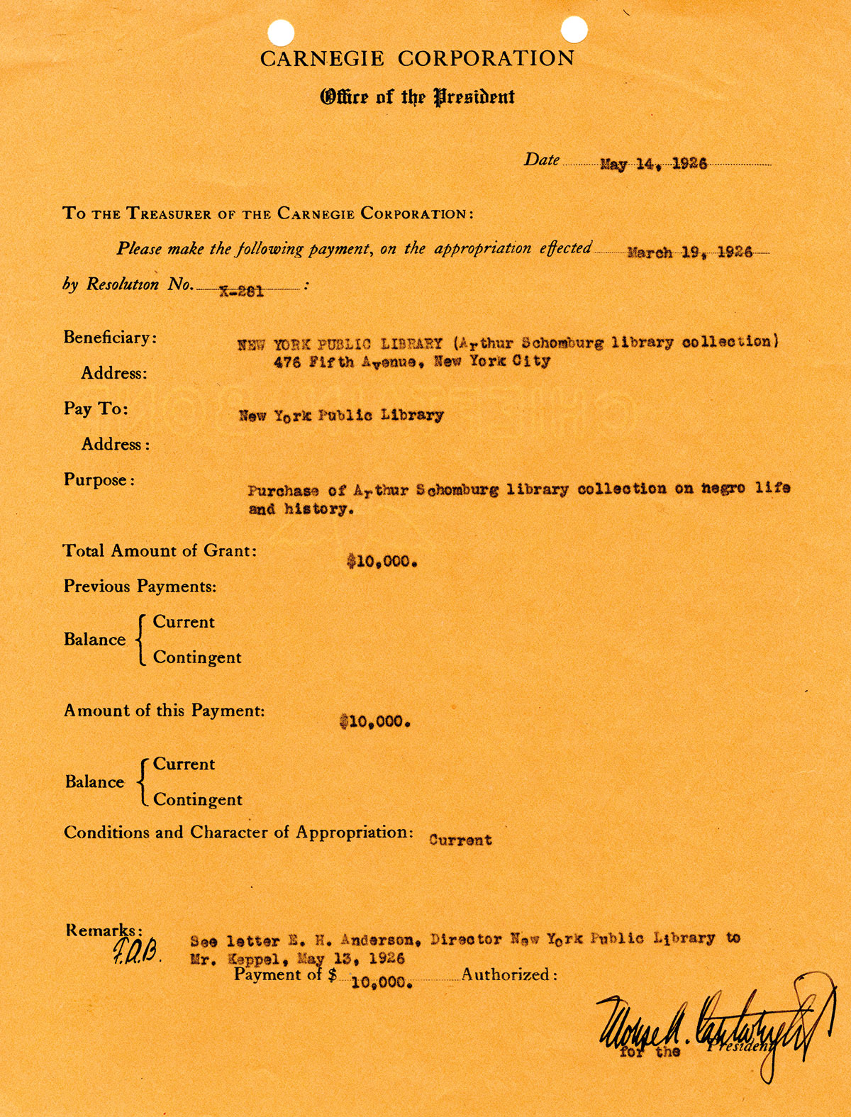 Dated May 14, 1926, the appropriation by Carnegie Corporation for the Schomburg library collection. (Carnegie Corporation of New York Records, Rare Book & Manuscript Library, Columbia University) McFadden_scan001.jpg