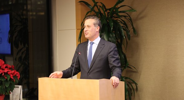 New York Public Library president Anthony W. Marx speaking at the reception honoring the 2016 I Love My Librarian award winners. (Photo: Celeste Ford)