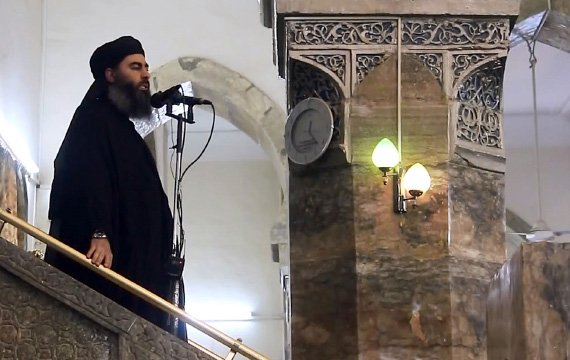 Abu Bakr al-Baghdadi preaching at a mosque in Mosul, Iraq