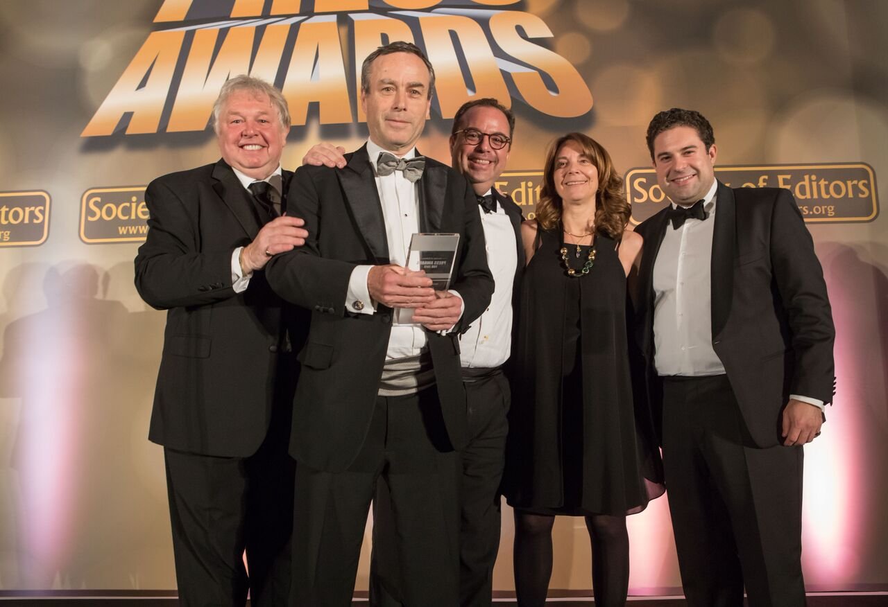 Financial Times editor Lionel Barber (holding award) at the “Oscars” for the United Kingdom’s national newspapers and media on March 13, 2018. 