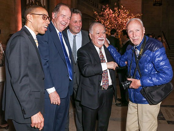 Bill Cunningham at a New York Public Library event with (L–R) Queens Library president Dennis Walcott, Carnegie Corporation of New York board chairman Gov. Thomas Kean, NYPL president Tony Marx, and Vartan Gregorian. (Photo: Aria Isadora) LPA_50_Anniversary_Gala_2016_570px.jpg