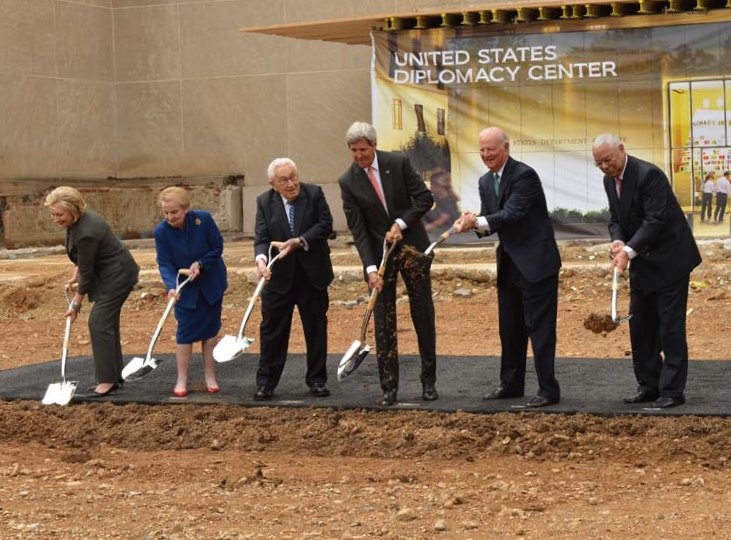 Five former Secretaries of State joined Secretary of State John F. Kerry to break ground on the new U.S. Diplomacy Center Pavilion on September 3, 2014. Courtesy Department of State DOS_USDC_Cropped.jpg